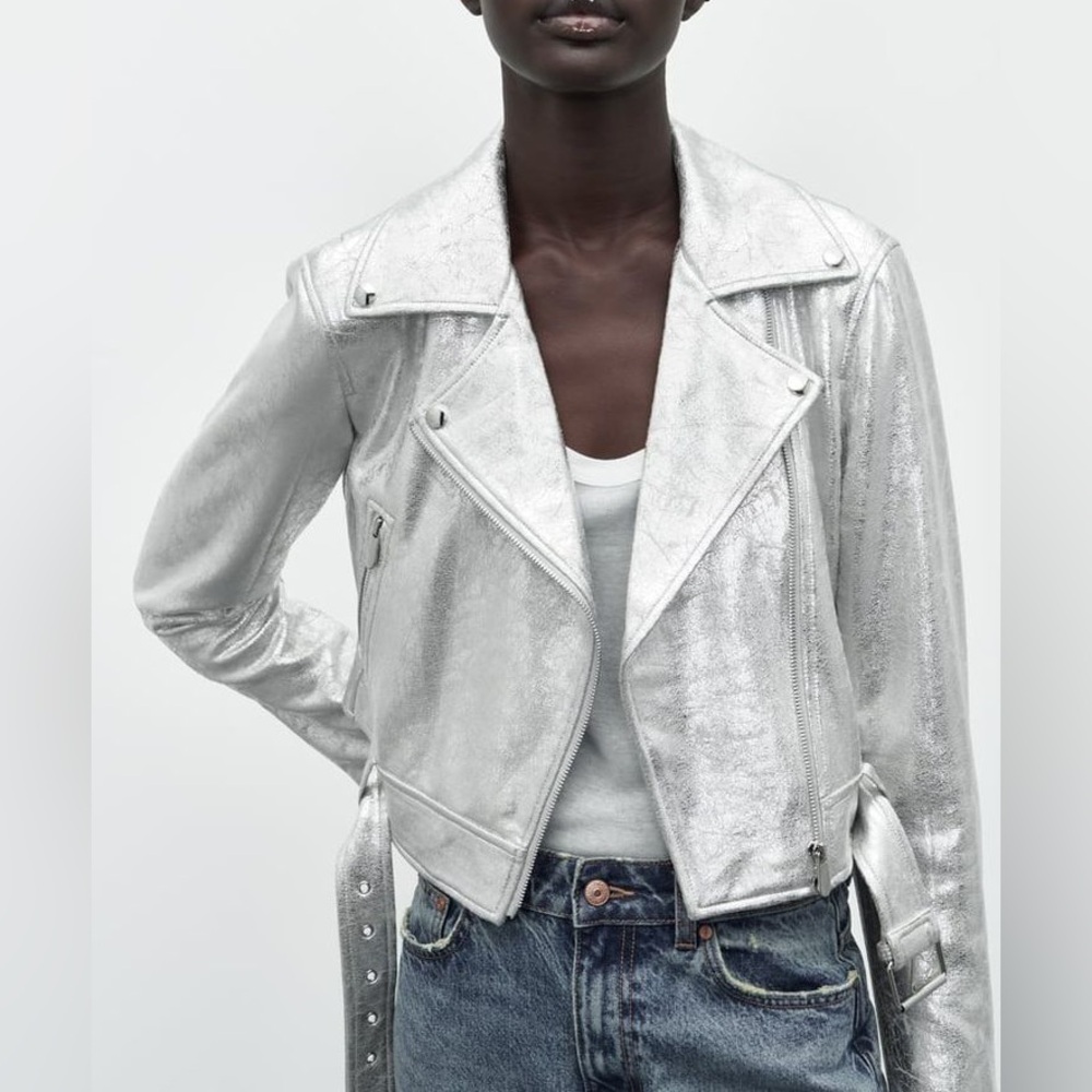 Zara Faux Leather Silver Jacket - Size Small